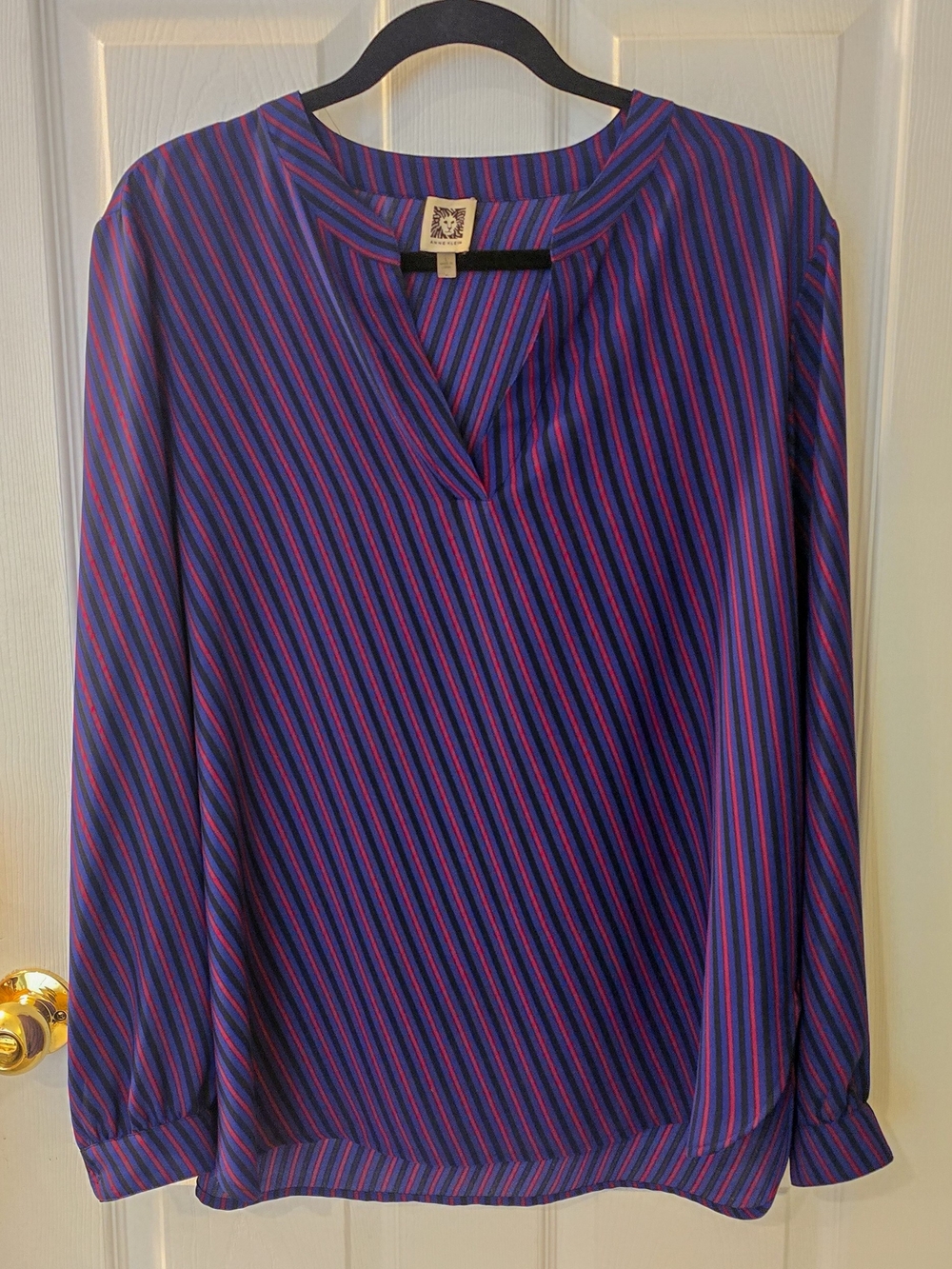 Anne Klein Diagonal Stripe V-Neck Long Sleeve Top - Purple/Blue/Pink
